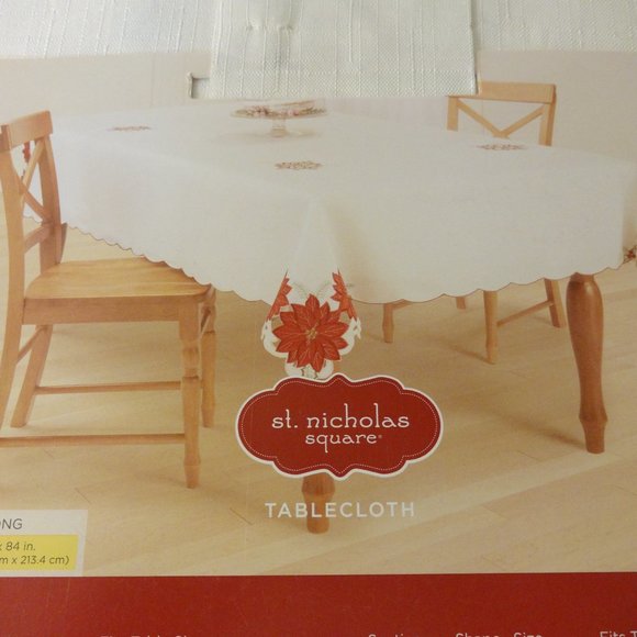 New,St. Nicholas Square Fabric Tablecloth Embroidered Poinsettia 60"x 84" Oblong - Picture 5 of 5